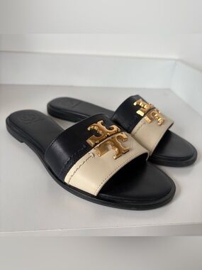 Tory Burch Ines Slide Sandals Navy & Cream Leather Gold Logo Size 6